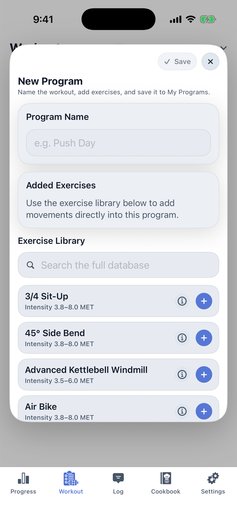 Macrios workout builder screenshot